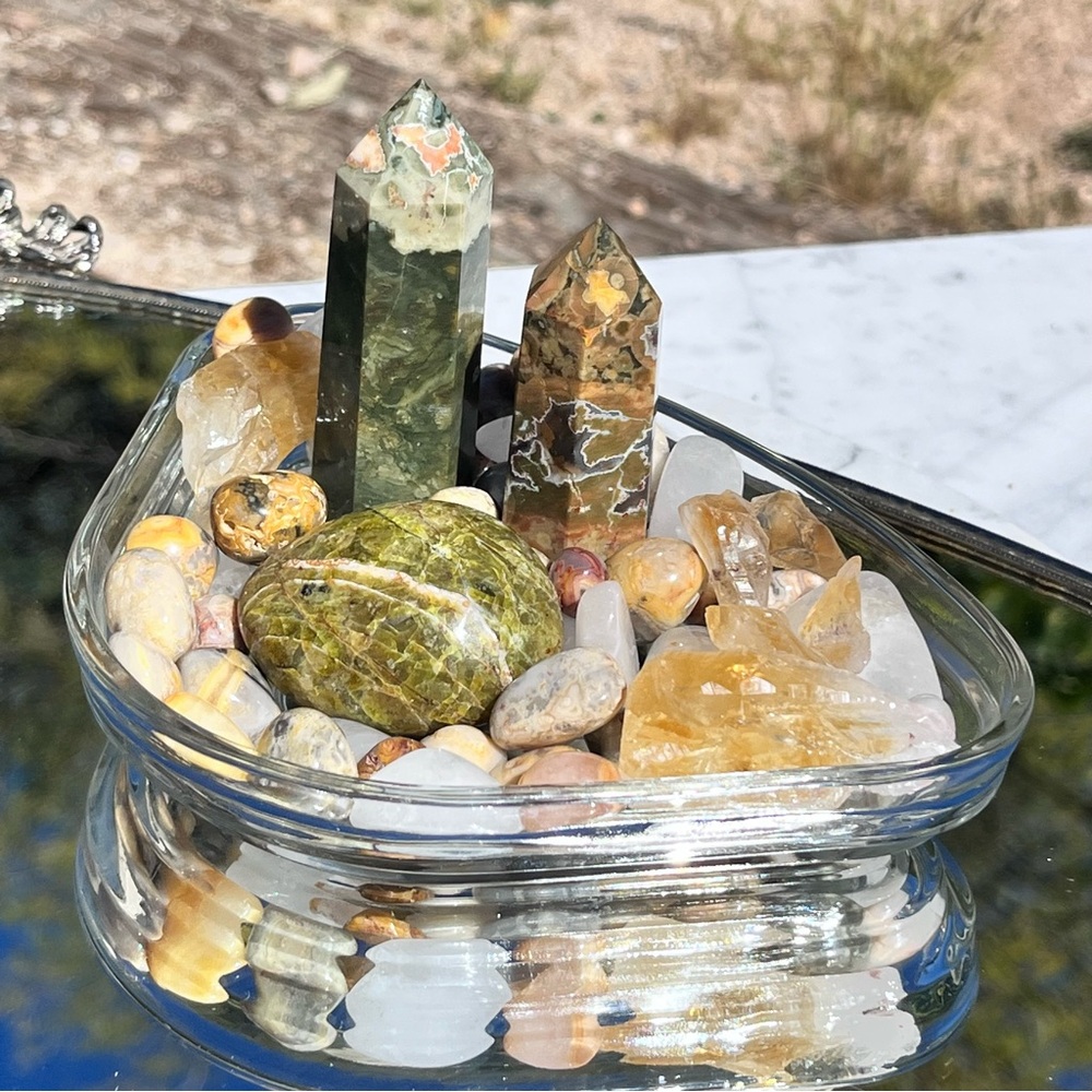 2 Rainforest Jasper Points / Towers, Olive Opal Palm Stone, Citrine Crystals
